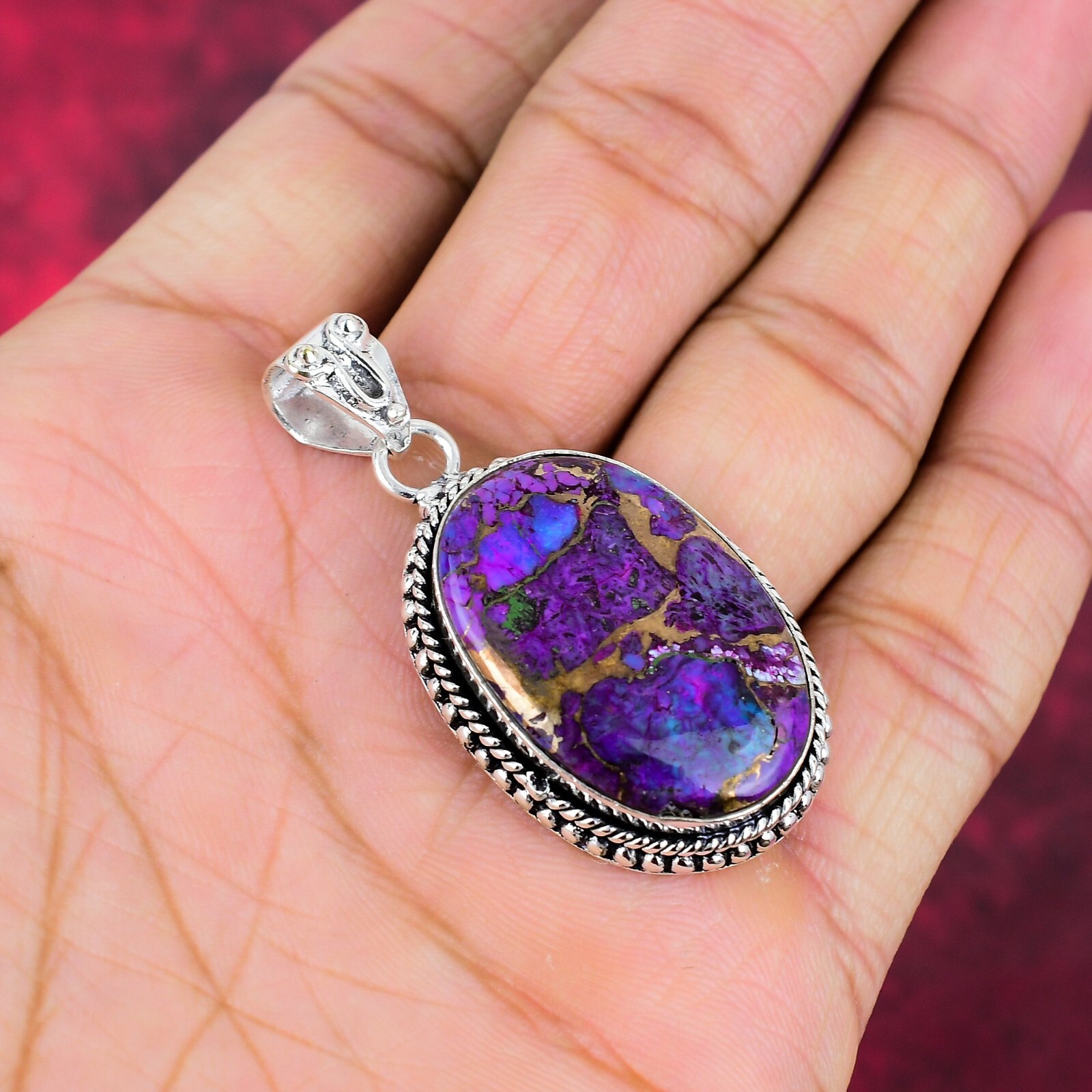 Purple Copper Turquoise Gemstone Handmade 925 Sterling Silver Pendant Jewelry