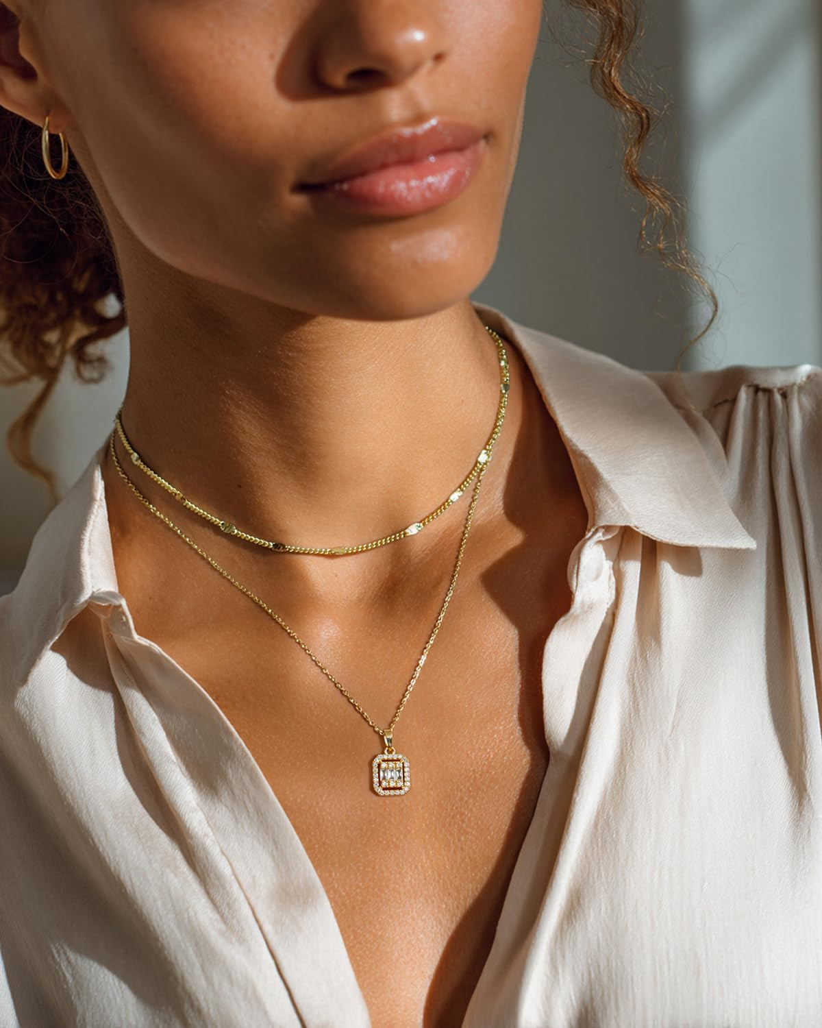 Dainty Pendant Gold Necklace for Women Layered 14K Diamond Pendant Gold Plated N