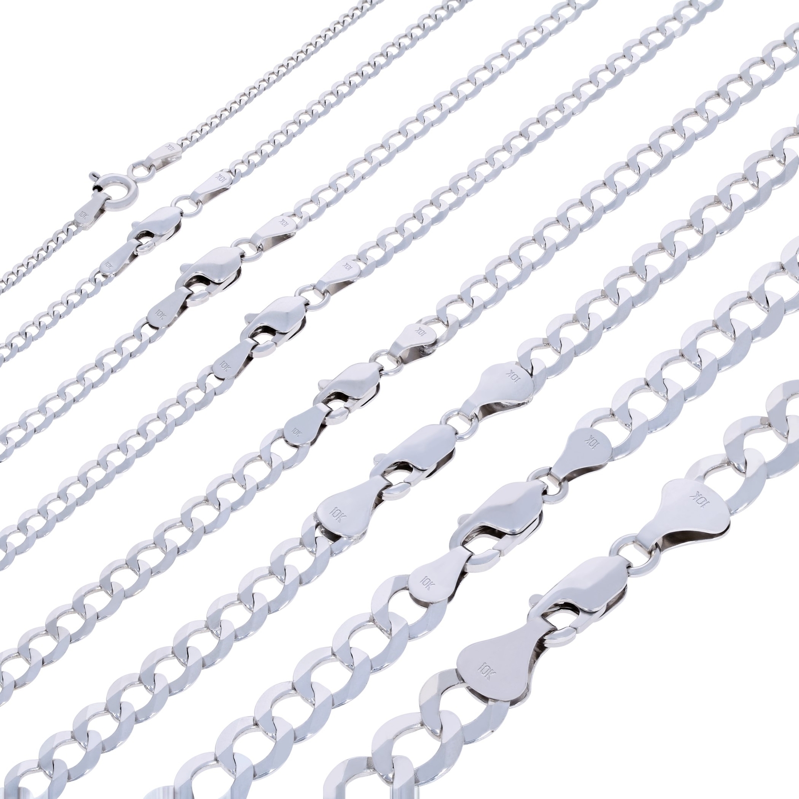 10K White Gold Solid 2mm-8.5mm Cuban Curb Link Chain Necklace Men Women 16″- 30″