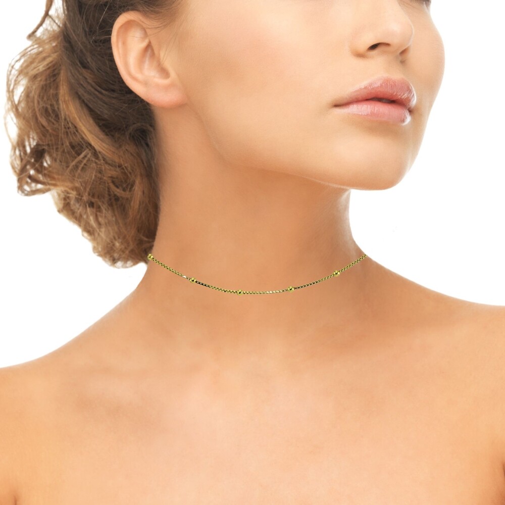Dainty Station Beads Italian Box Chain Choker Necklace in Gold Plated 925 Silver
