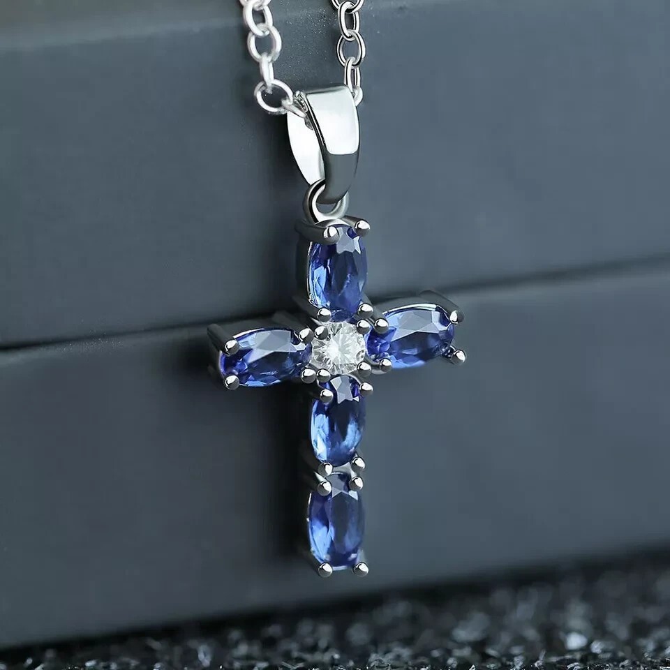 1.50 Ct Lab Created Blue Sapphire Oval Cut Women’s Pendant 14K White Gold Finish
