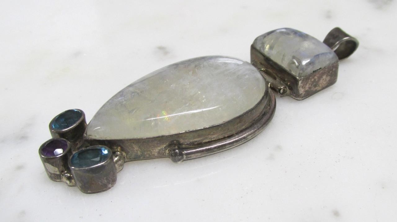 Moonstone Sterling Silver Dangle Pendant w/ Unknown Stone Accents 35.2g ~ 4-G445