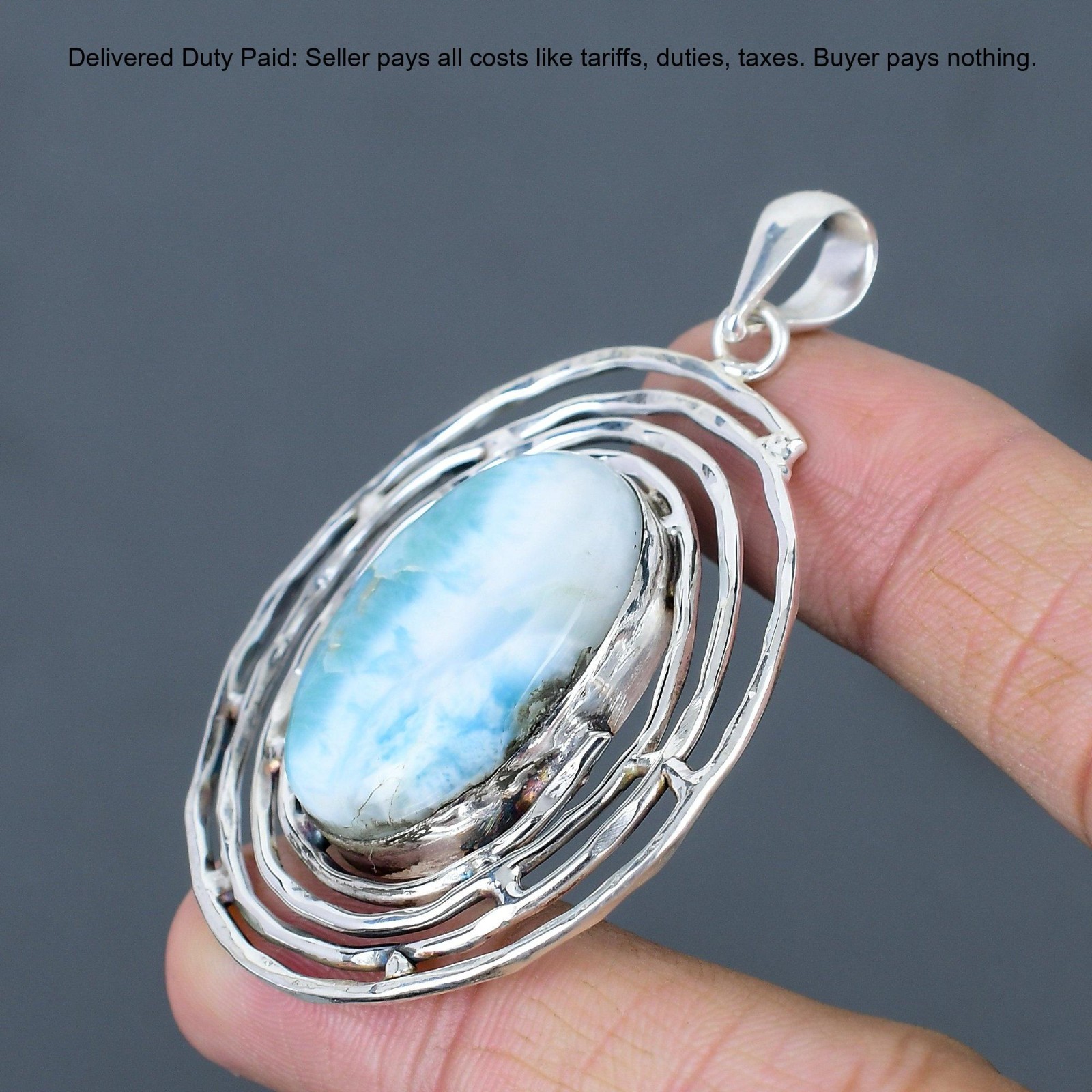 925 Sterling Silver Oval Larimar Gemstone Throat Chakra Birthday Sister Pendant
