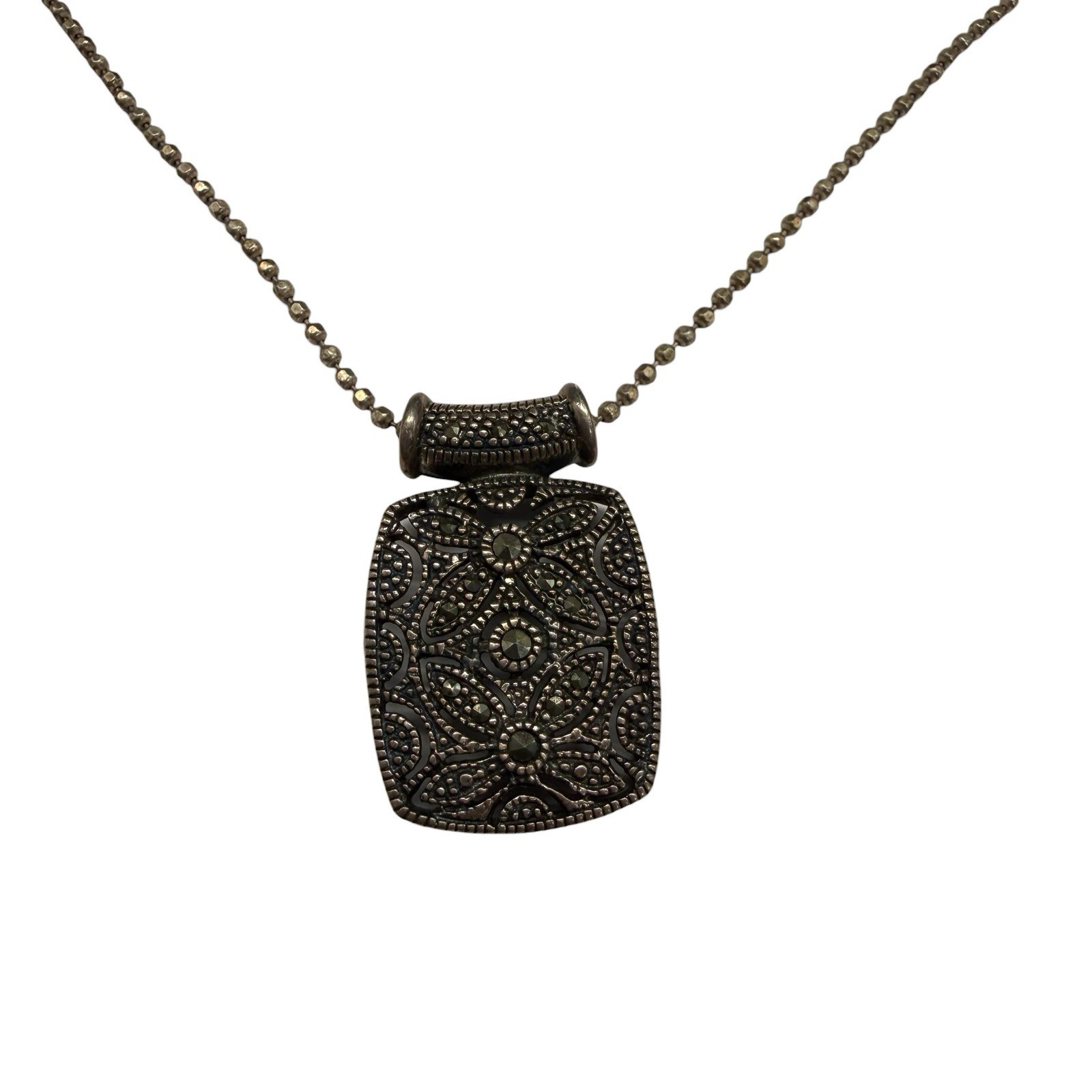 Vintage 925 Sterling Silver & Marcasite Filigree Pendant On 925 Italy Necklace