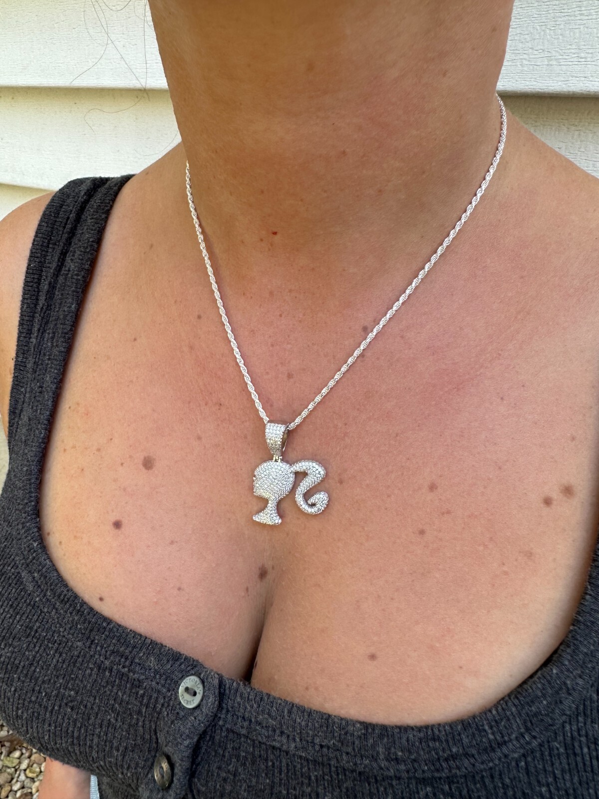 Real MOISSANITE 925 Silver Barbie Doll Pendant Necklace 14k Gold Plated Iced