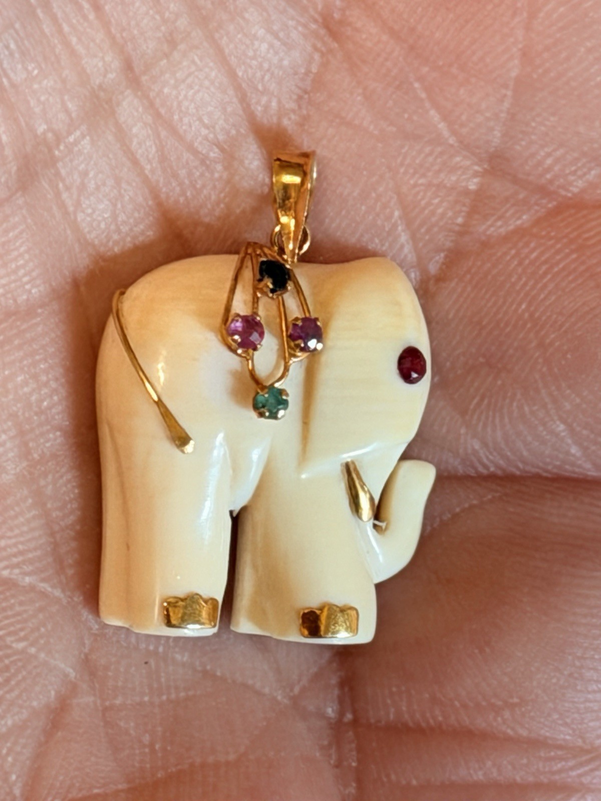 Unusual Carved Elephant Pendant, 14 Kt Gold, Ruby And Emeralds