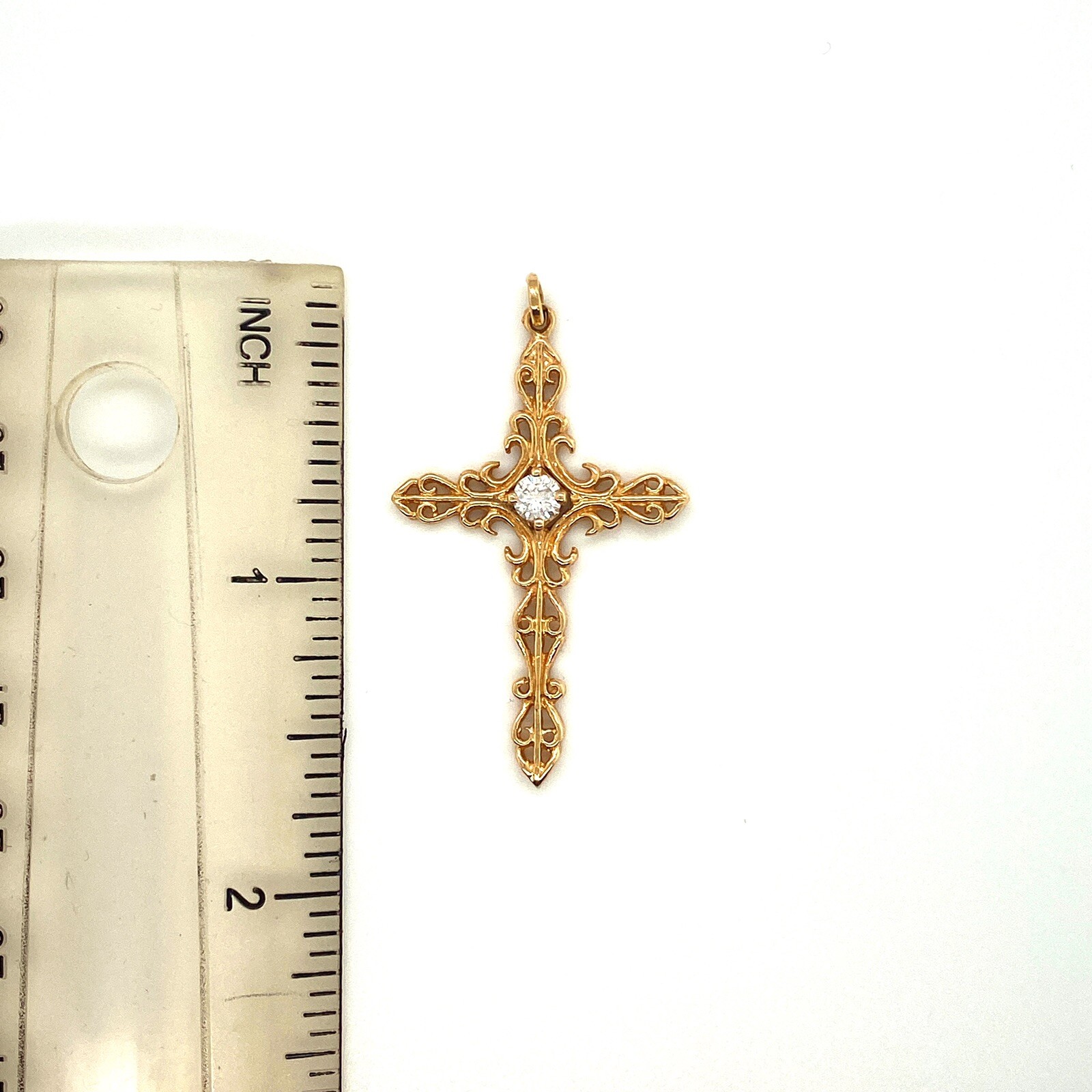 Vintage 14k Yellow Gold 0.25 Ct Diamond Open Swirl Cross Pendant Female / Male