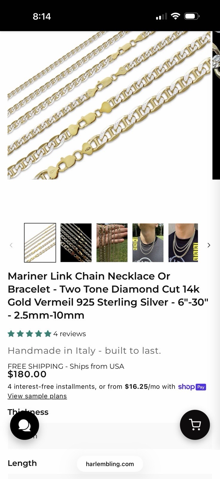 Mariner Link Chain Two Tone Diamond Cut 14k Gold Vermeil 925 Silver 3.5mm