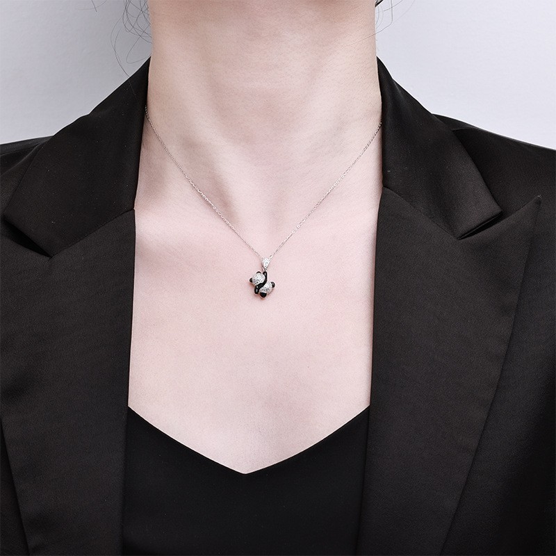 BlackBearPendantNecklace Full CZ SparklingUnique Dainty Korean Style S925 Silver
