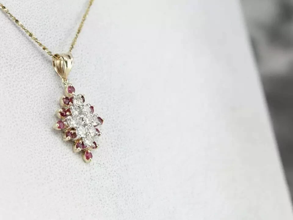 2Ct Cut Diamond & Ruby Cluster Pendant 14K Yellow Gold Finish Free Chain