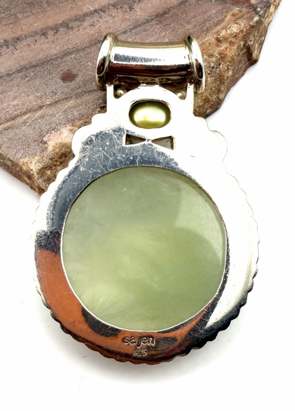 Vintage Signed SAJEN Prehnite MOTHER OF PEARL Sterling Pendant 2” For Necklace!