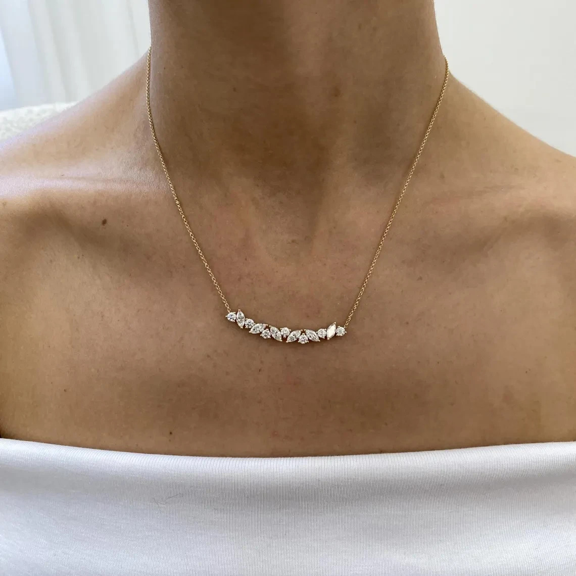 Marquise & Round Lab Grown Diamond Necklace Chain 18” 14k Yellow Gold