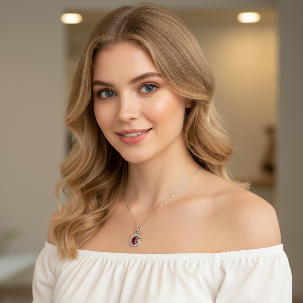 925 Sterling Silver Necklace 7x5mm Natural Garnet Zircon Crown Handmade Chain