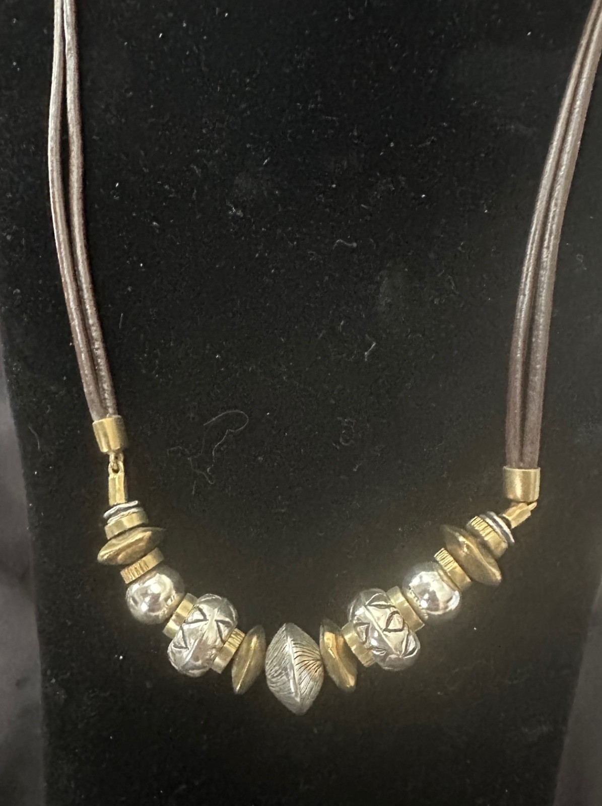 SILPADA Cluster BEADS Gold SILVER Brown LEATHER Cord .925 Sterling Necklace