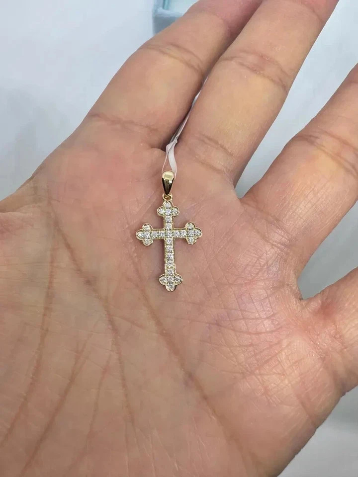 1.40Ct Round Cut Real Moissanite Cross Pendant 14K Yellow Gold Plated Silver