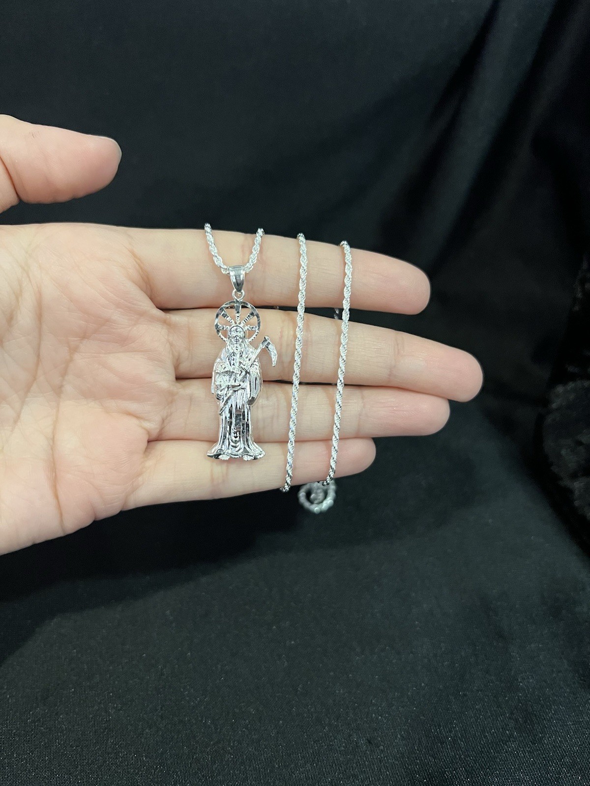 925 Sterling Silver Women Men Small Santa Muerte Grim Reaper & Rope Chain 18 24