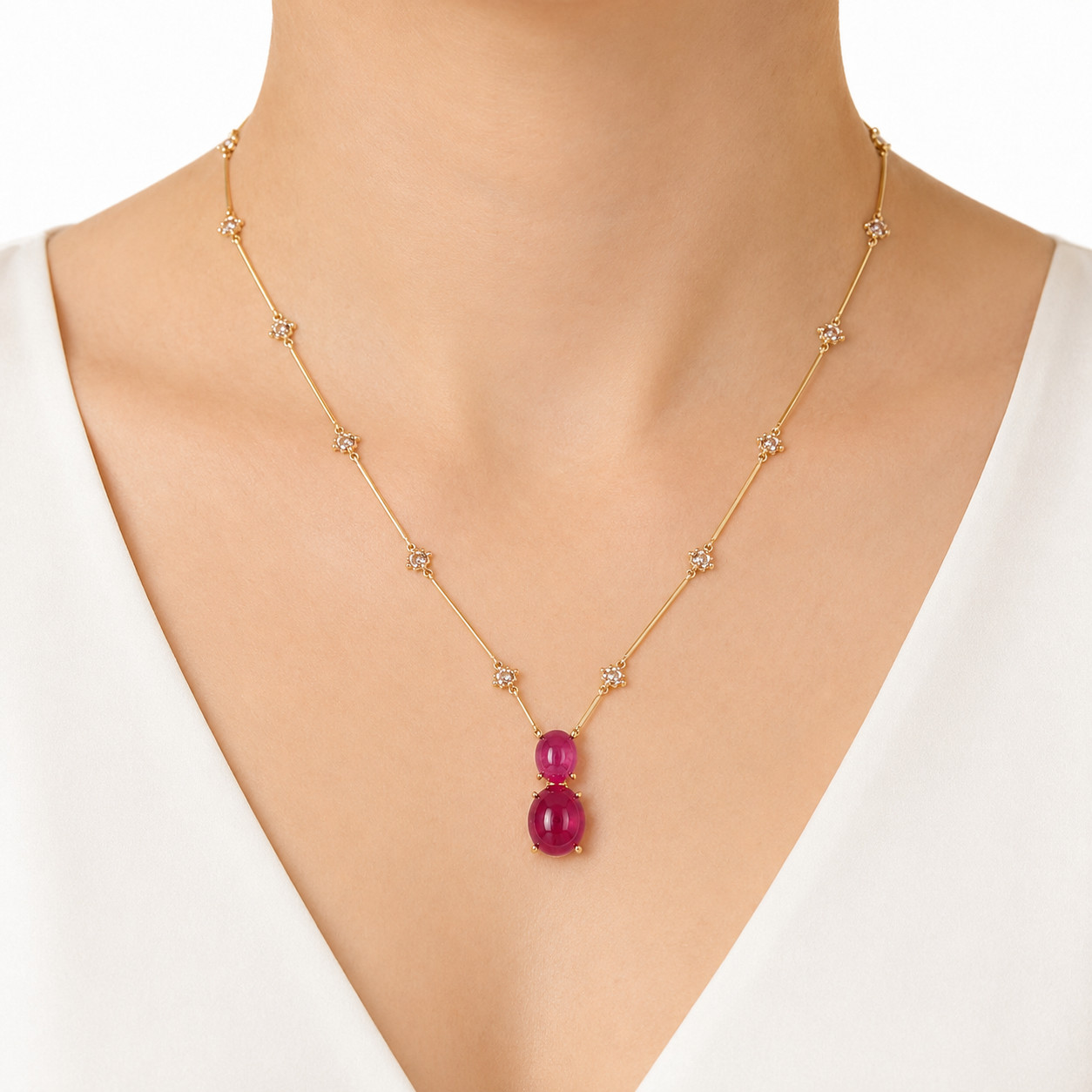 925 Sterling Silver 17 x 13 mm. Pink Ruby White Zircon Necklace 16.5 In.