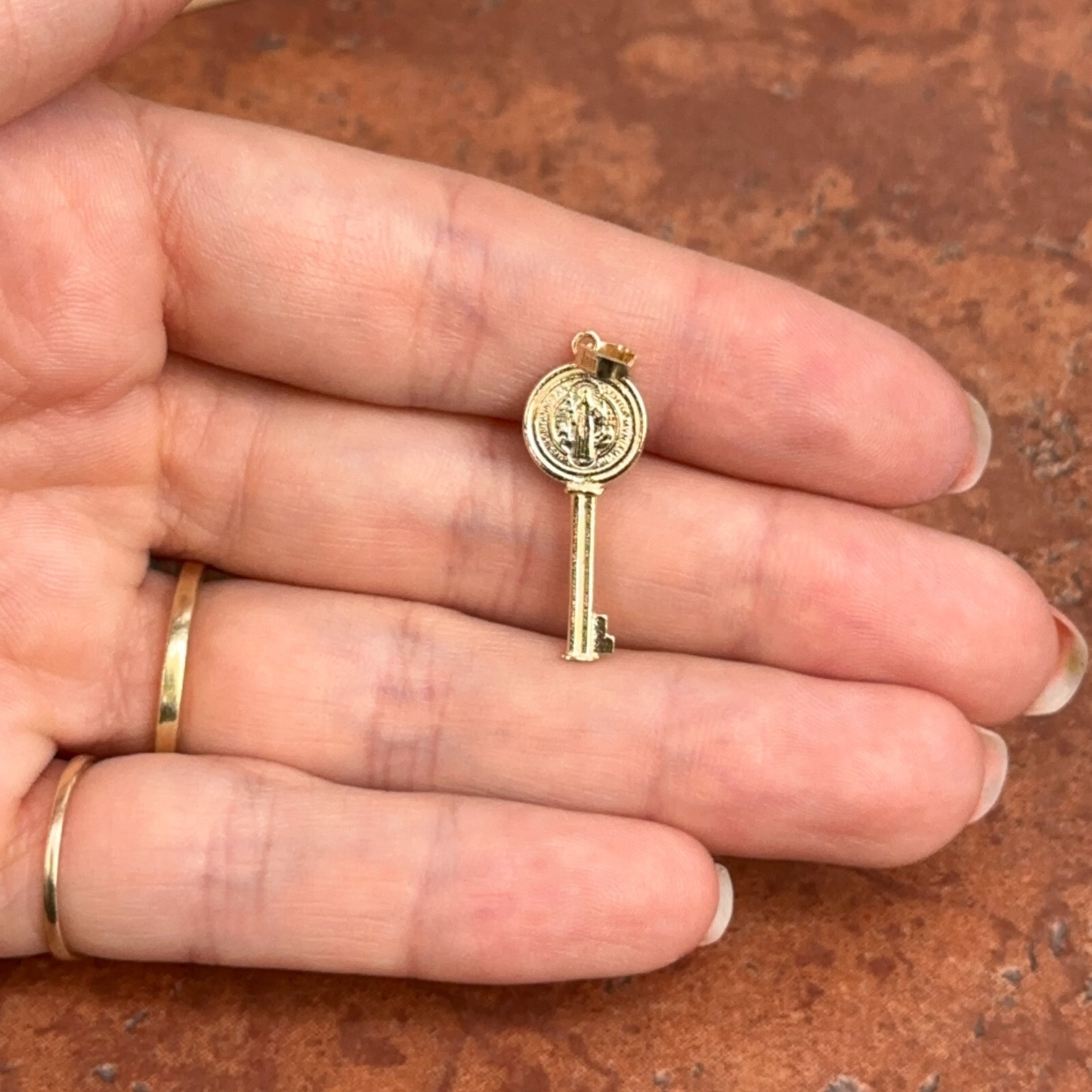 14KT Yellow Gold Solid St Benedict Key Medal Pendant Charm Reversible 23mm