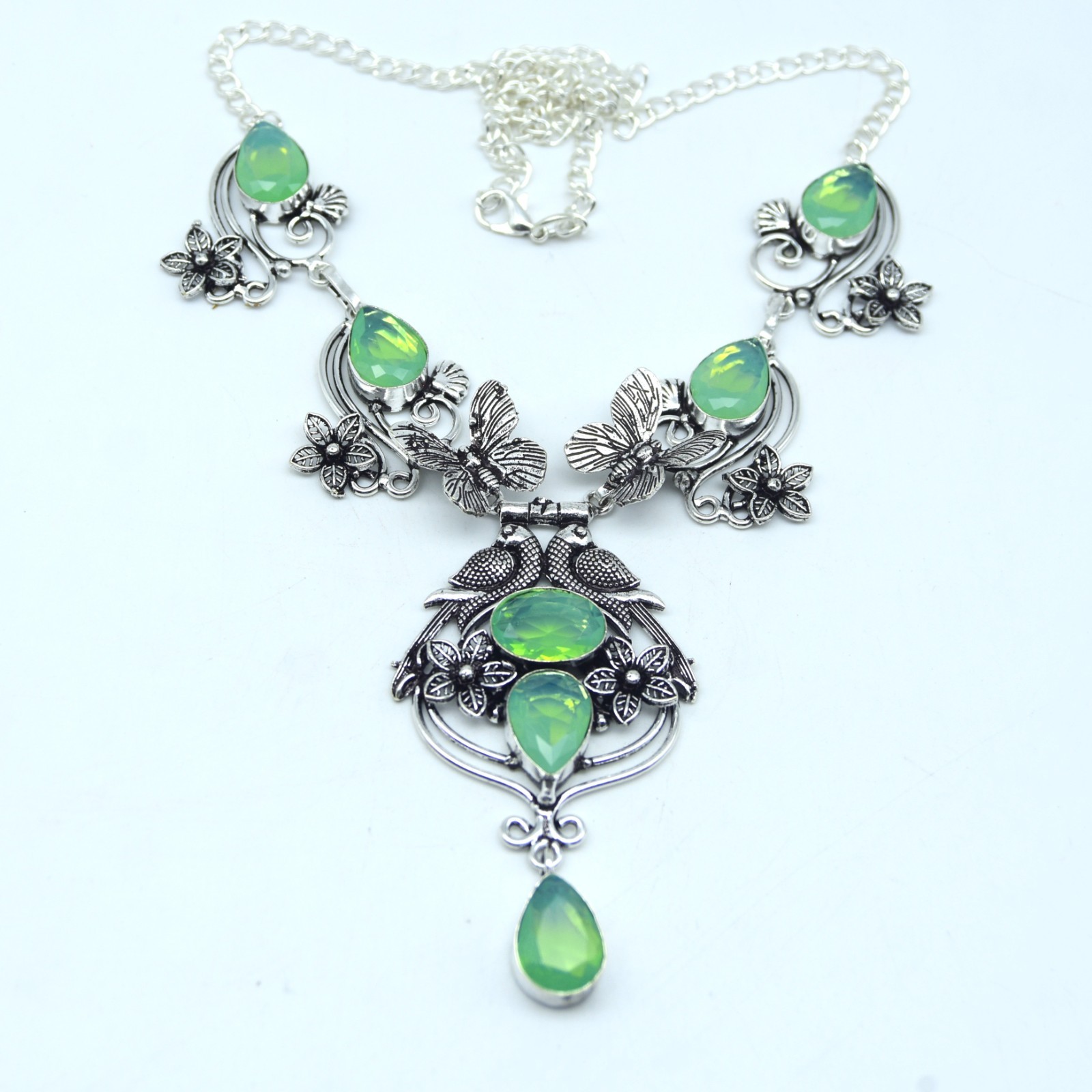 Green Opalite Gemstone Necklace Handmade 925 Sterling Silver Jewelry Sz- ADJ 18″