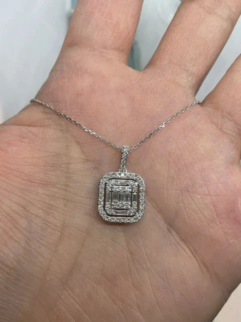 Real Moissanite 2.5Ct Baguette Cut Cluster Pendant 14K White Gold Plated Silver