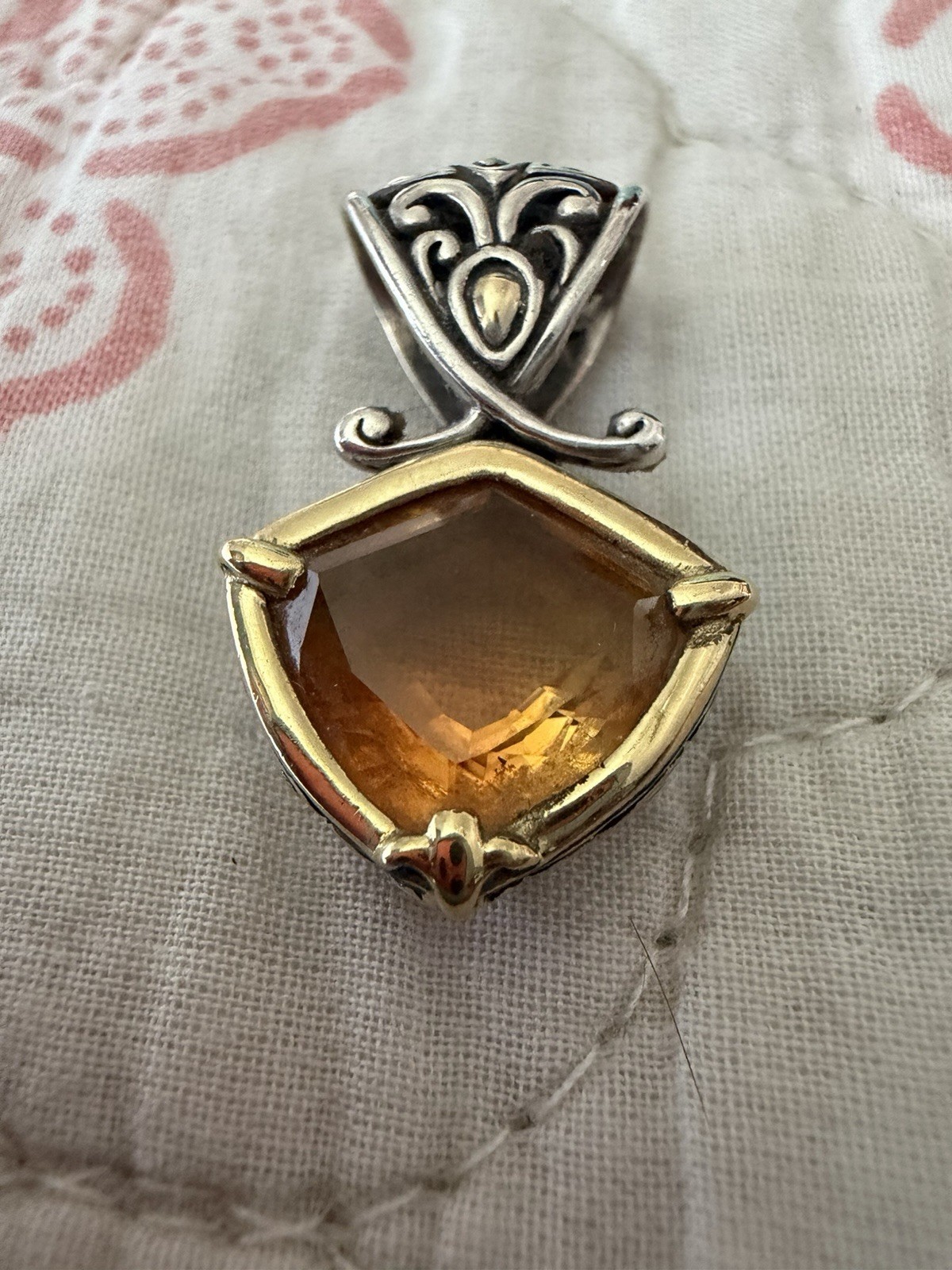 John Hardy citrine pendant W/intricate filigree sterling silver & 18K gold