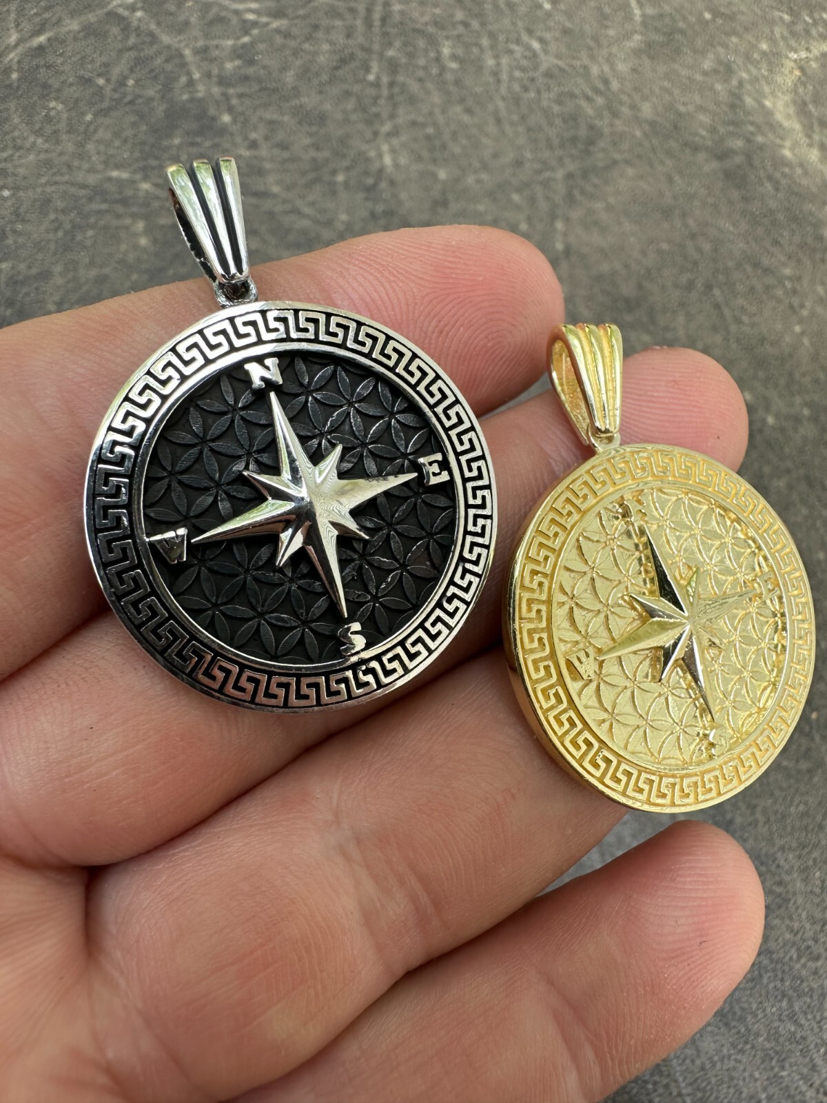 Real 925 Silver / 14k Gold Plated North Star Compass Medallion Pendant Necklace