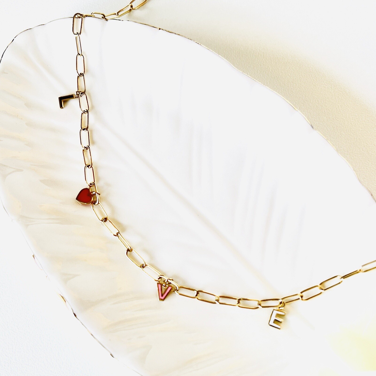 Solid 14k Yellow Gold Paper Clip Enameled “LOVE” Charm Necklace, 17″ New