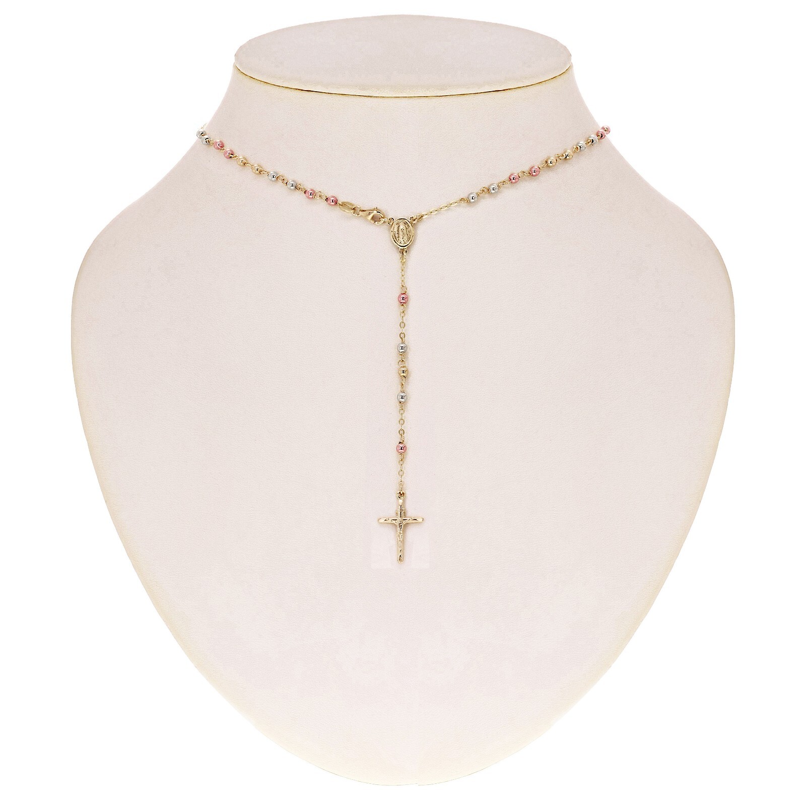 Italian 14k Tri Color Gold Miraculous Medal Rosary Necklace 26″ 4mm 9 grams