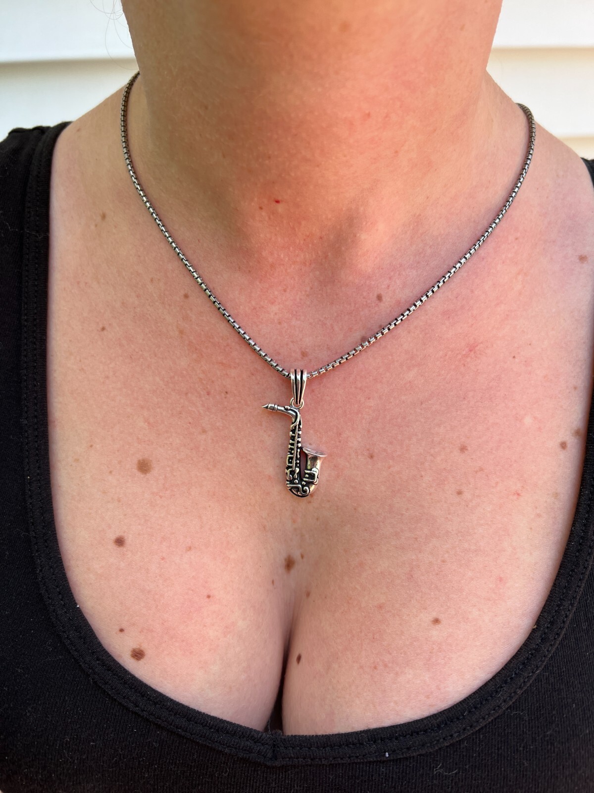 Real 925 Silver / 14k Gold Plated Jazz Saxophone Musical Pendant Necklace Charm