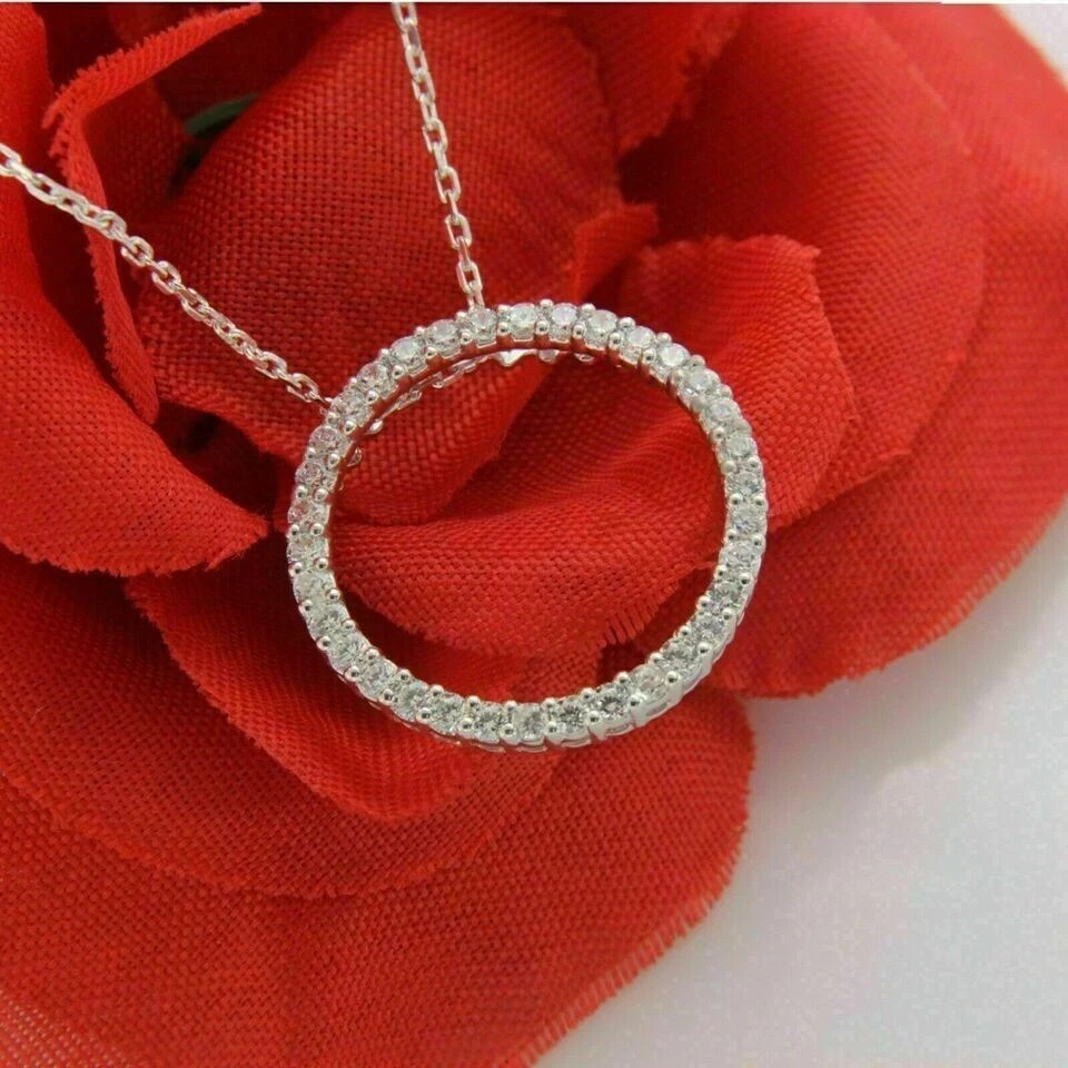 1.30CT Round Cut Diamond Pave Circle Pendant 14K White Gold Finish Free Chain