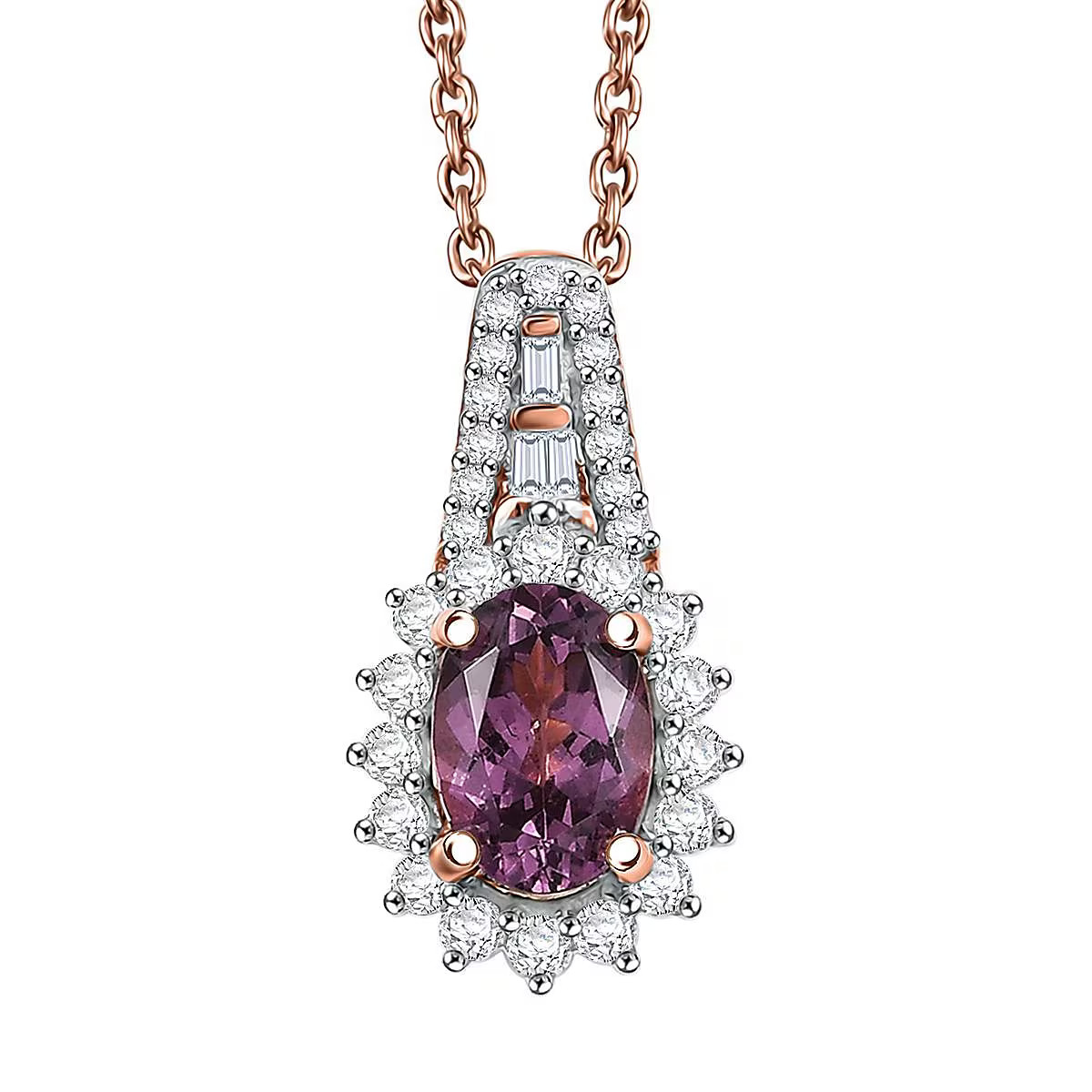AAA Purple Spinel and GH I2 Diamond 1.25 ctw Sunburst Pendant Necklace in 10K