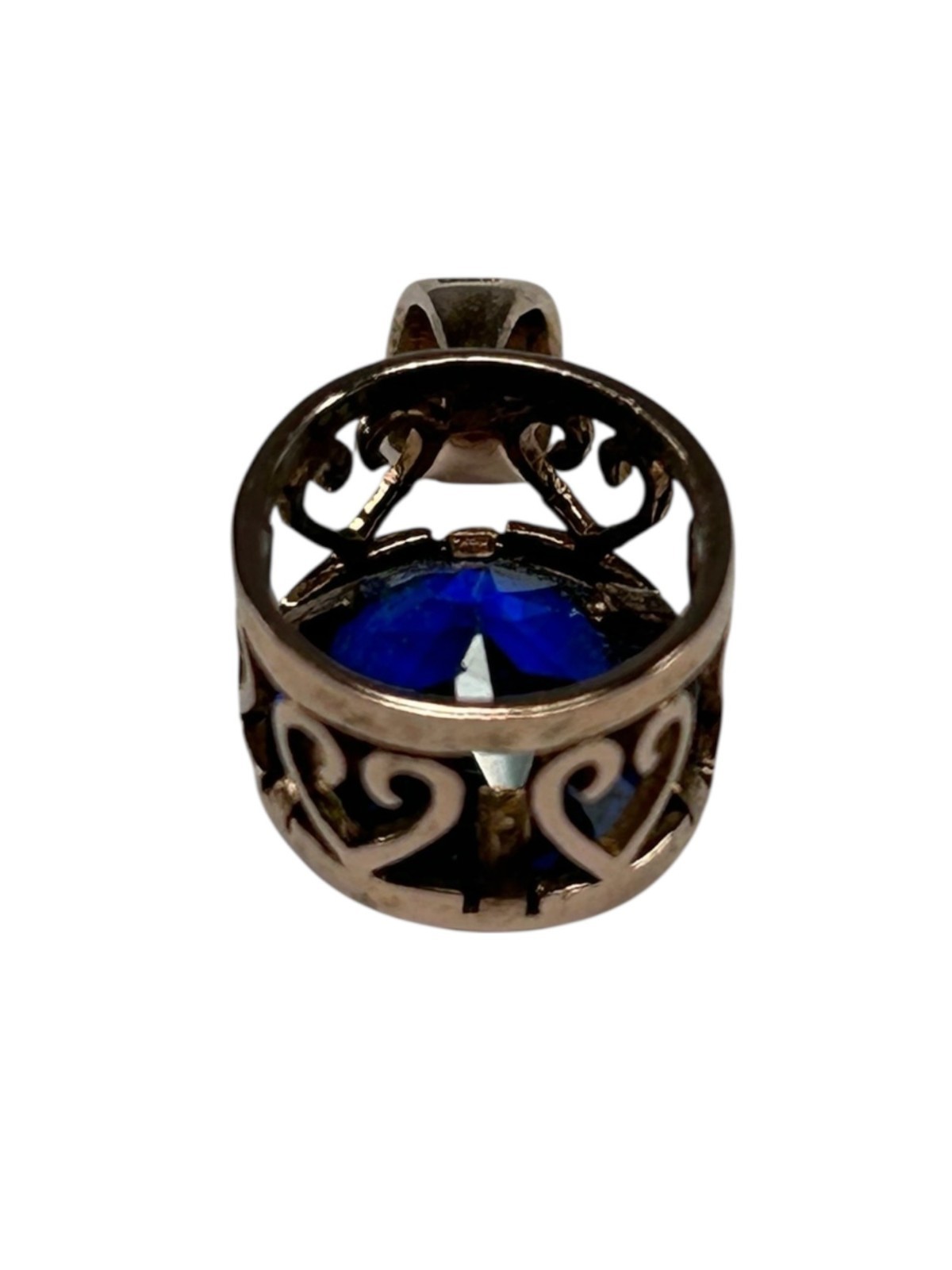 J&T 925 Sterling Silver Pendant Blue Glass Stone RoseGold Vermeil Heart Filigree