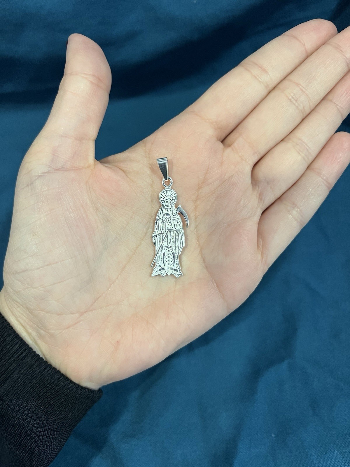 925 Sterling Silver Men Women Grim Reaper Santa Muerte Medal Pendant