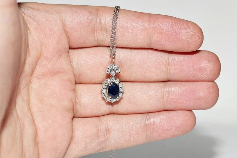 Vintage 2.10Ct Lab-Created 0val Sapphire &Diamond Pendant 14k White Gold Plated