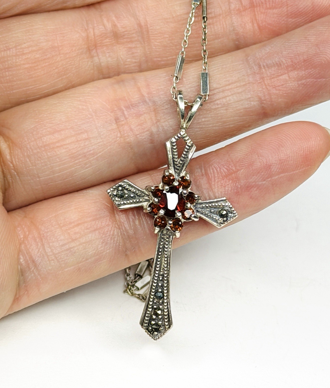 925 Sterling Silver Garnet Marcasite Cross Pendant Unique Italy 925 Necklace 24”