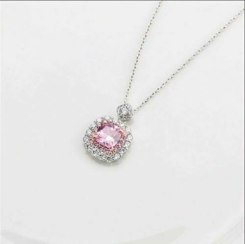 3Ct Cushion Cut Pink Sapphire Halo Pendant 14K White Gold Finish Free Chain
