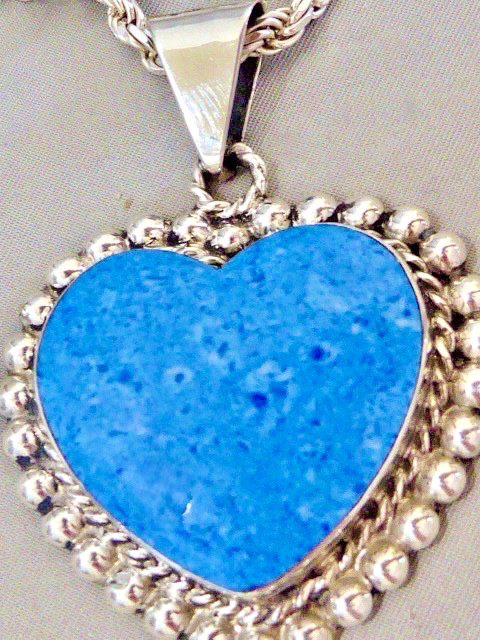 STUNNING 925 STERLING SILVER HEART SHAPE LAPIS TAXCO MEXICO PENDANT & CHAIN 26″