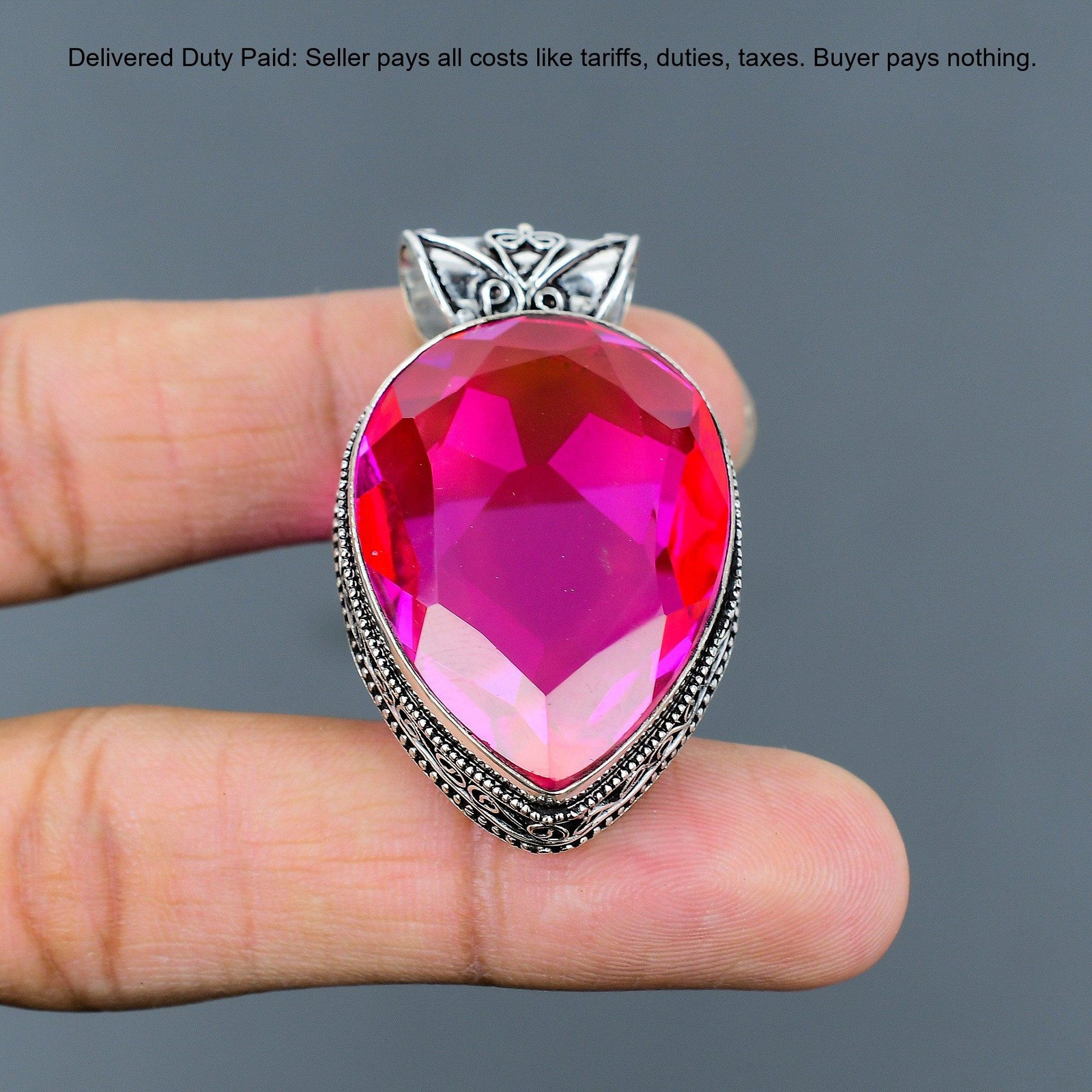 Pear Natural Pink Fire Topaz Bezel Birthday Vintage Wife Pendant Sterling Silver