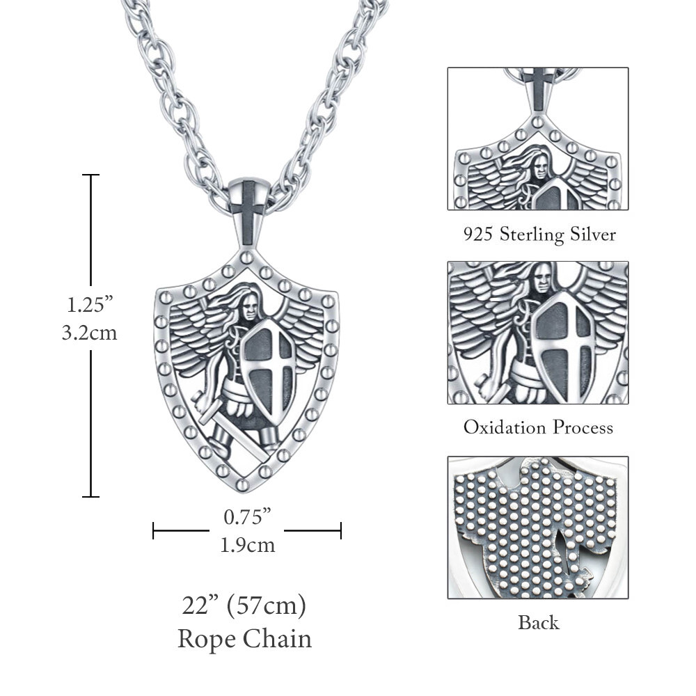 MLD 925 Sterling Silver Saint St Michael Shield Pendant Necklace w/ 22″ Chain