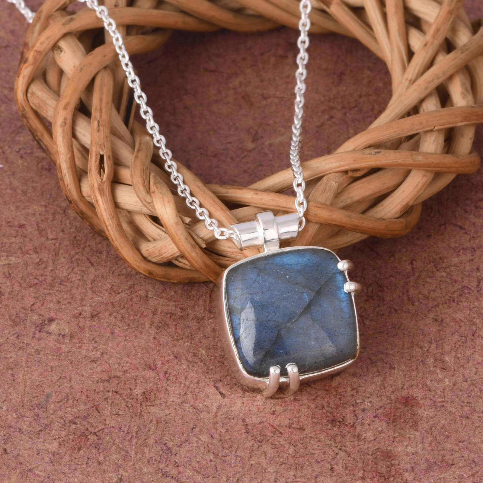 Sterling Silver Square Labradorite Necklace Birthday Gift For Her Boho Jewelry