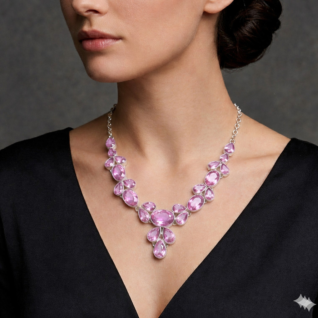 Pink Kunzite Gemstone 925 Sterling Silver Handmade Jewelry Necklace Size-17-18″
