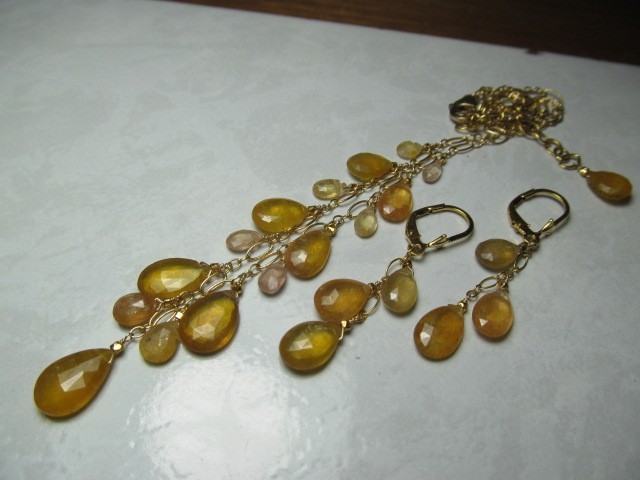 Sri Lanka Golden SAPPHIRE faceted briolette beads 14k Gold Filled Necklace set