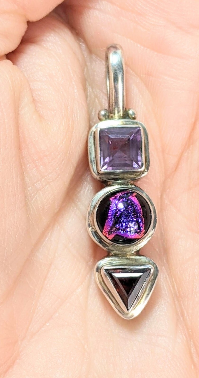 Vintage 3 Stone Sterling Multi Cut Purple Gemstone 1½” Drop Dangle PENDANT