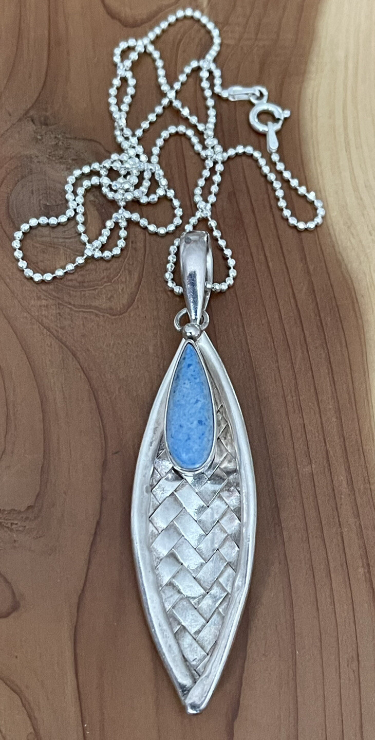 Vintage Sajen 925 Sterling Denim Lapis Woven Basket Design Pendant Necklace 20”