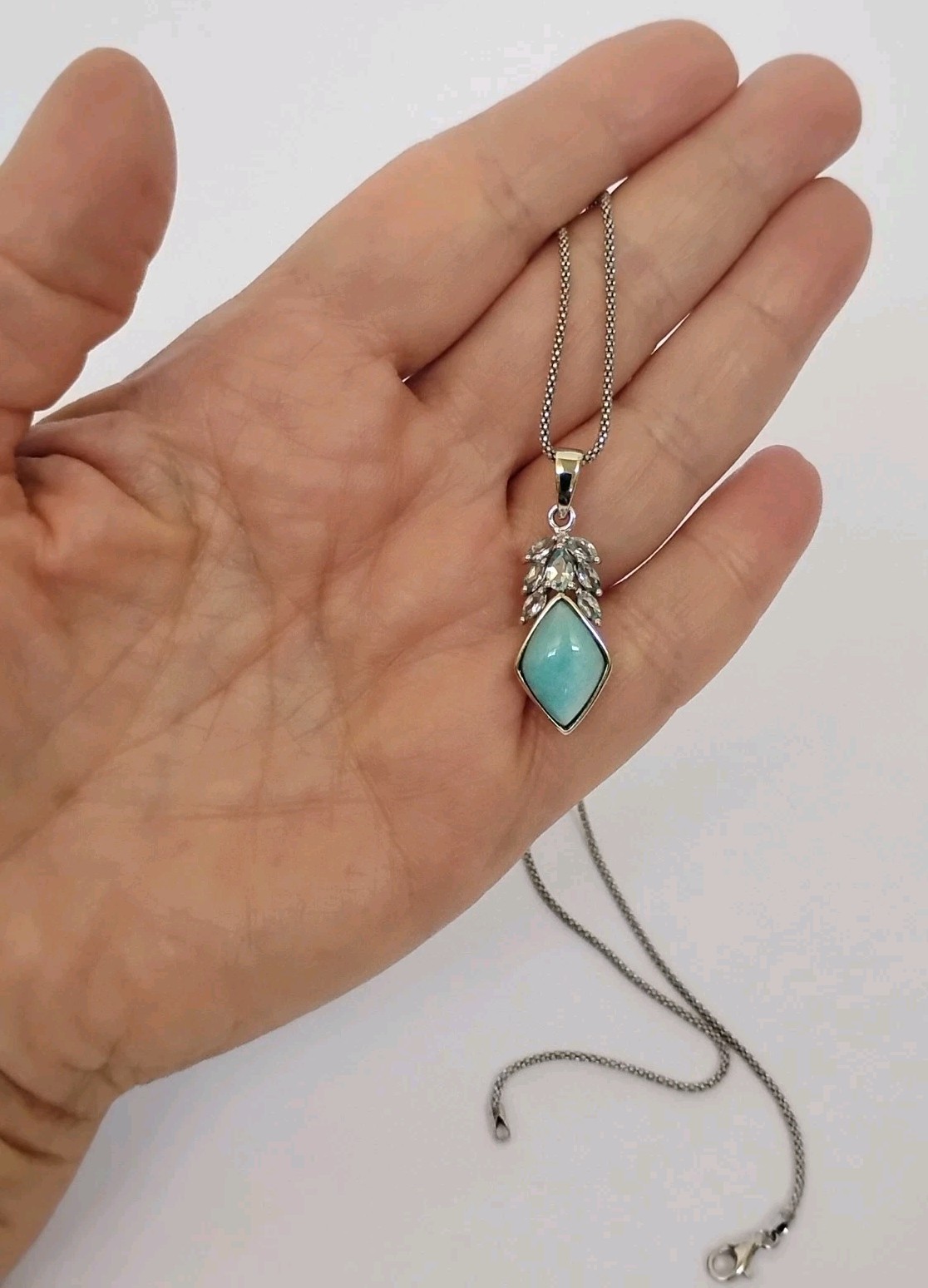 CFJ Thailand Larimar Blue Topaz Pendant Necklace Rhodium Plated Sterling Silver