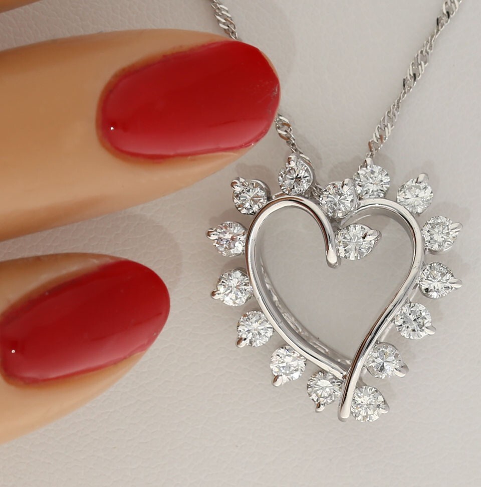 Diamond Heart Pendant Necklace 1.45CT 14K WG 18” Chain