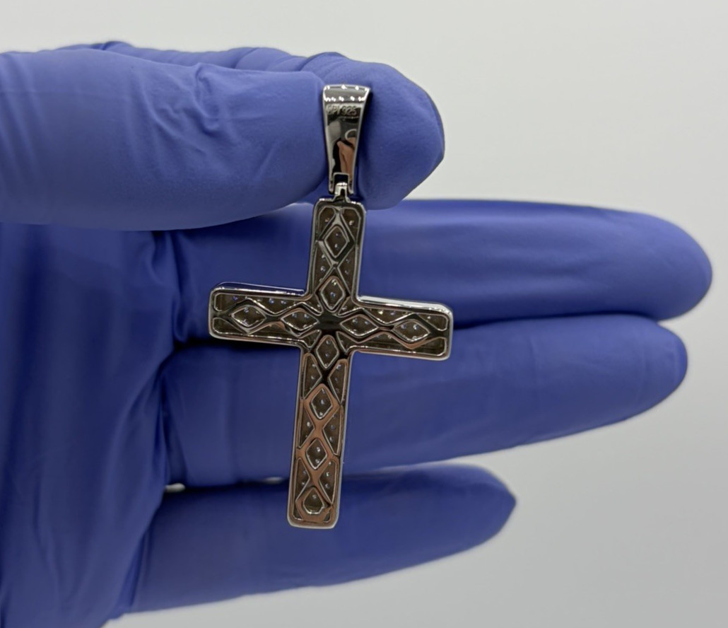 925 Sterling Silver Religious Cross Pendant Round CZ 1.95″ 9.42g
