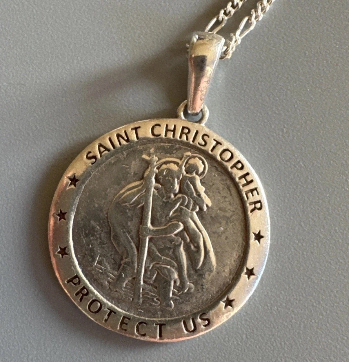 Sterling Silver 925 Saint Christopher Pendant & 20” 1.5mm Figaro Chain Necklace