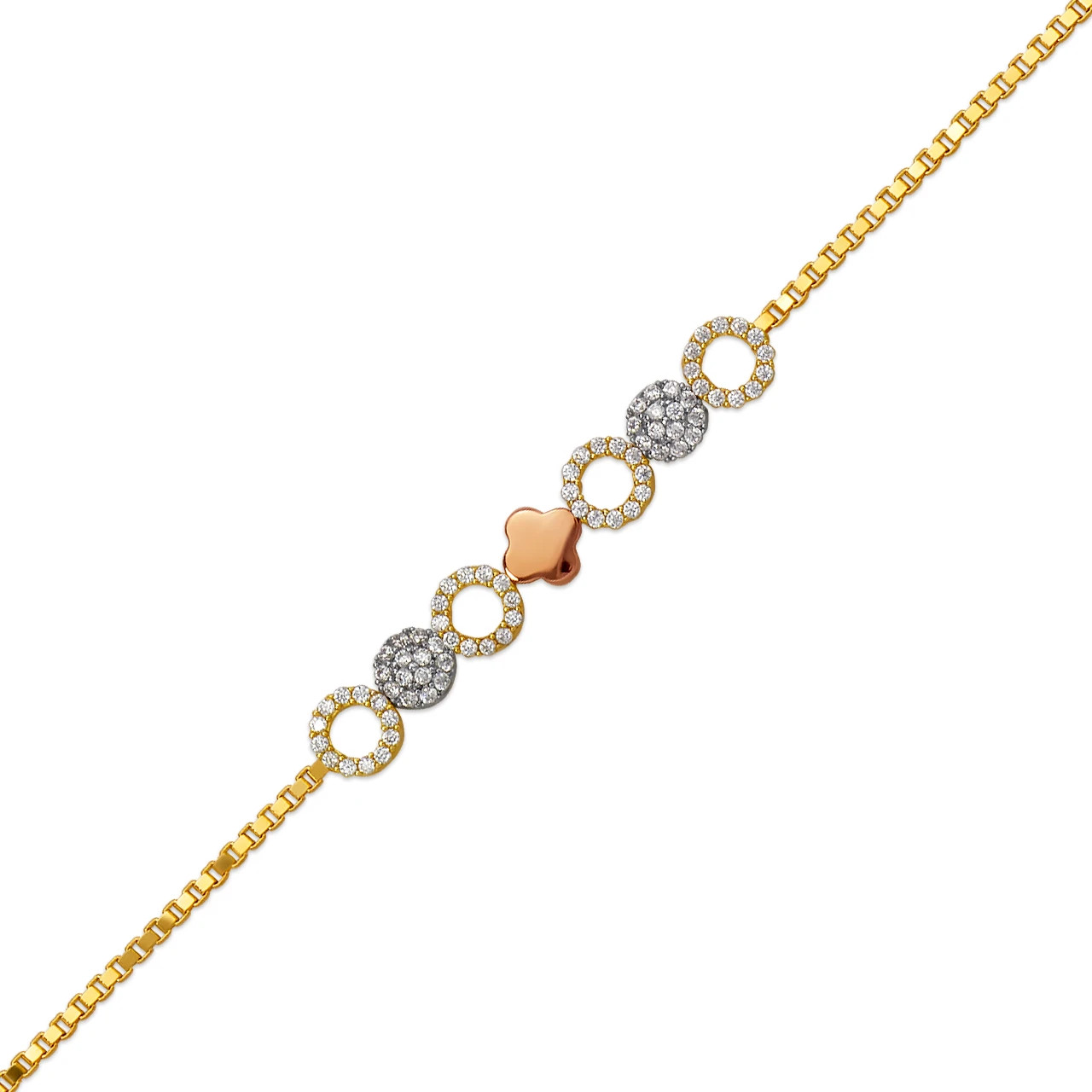 14K Tricolor Gold 6mm Center, 1mm Ladies Bracelet High Polished Fancy Chain
