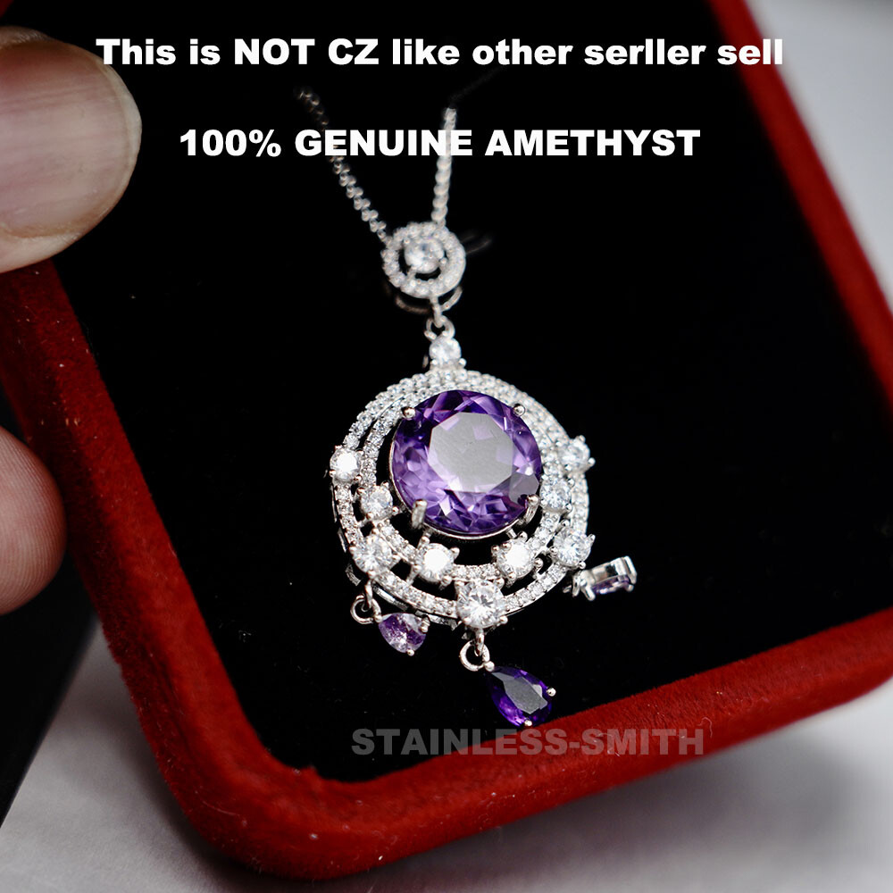 Genuine Real 925 Sterling Silver Purple Amethyst Gemstone Charm Pendant Necklace